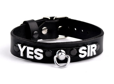 Custom Small Lettering Black Leather Collar With Ring – 'Yes Sir' | BDSM Collar