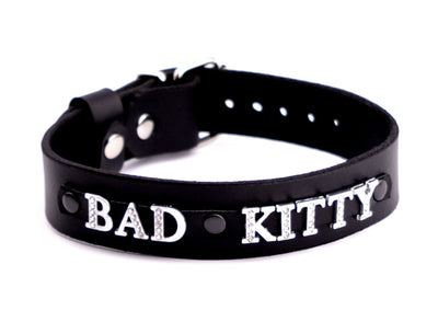 Bondage Collar | Custom Small Rhinestone Lettering Black Leather Collar – 'Bad Kitty'