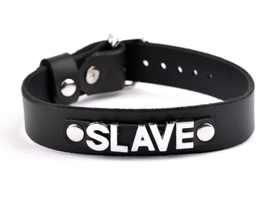 Custom Small Lettering Black Leather Collar – 'Slave' | BDSM Leather Collar