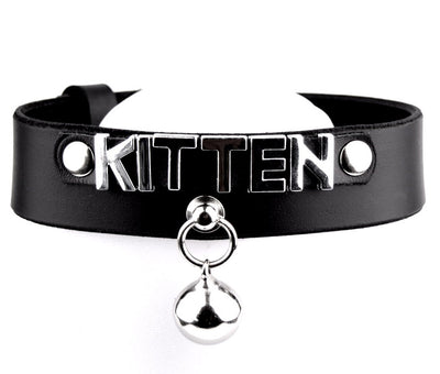 Custom Small Lettering Black Leather Collar With Kitten Bell – 'Kitten' | Mercy Industries