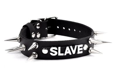 Custom Lettering Spiked Black Leather Bondage Collar