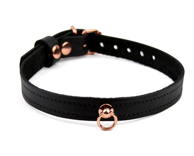 Black Leather Amare Day Collar with Small Rose Gold O-Ring