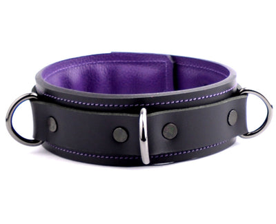 BDSM Bondage Collar | Black & Purple Premium Padded Leather Bondage Collar