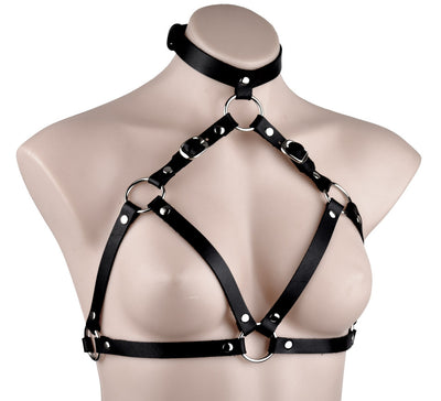 Black Leather Choker Collar Bra Harness | Online BDSM Products
