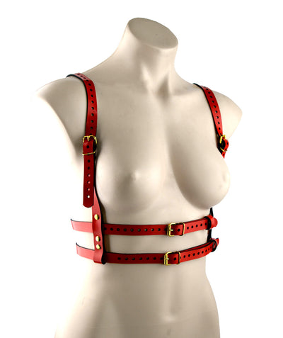Americana Red & Gold Leather Buckle Harness | Red BDSM Harness