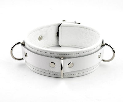 White Premium Three Ring Leather Bondage Collar