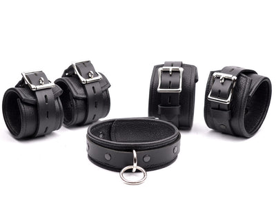 BDSM Gear | Premium Restraint Set Beautiful Triple Layer Leather Wrist-Ankle Cuffs And Collar - Black