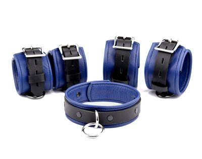 Premium Restraint Set Beautiful Triple Layer Leather Wrist-Ankle Cuffs And Collar - Blue | Mercy Industries